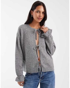 Pieces Frill Cuff Tie Front Knitted Cardigan - Grey