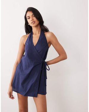 ASOS Cotton Linen Halter Neck Wrap Mini Sundress - Blue
