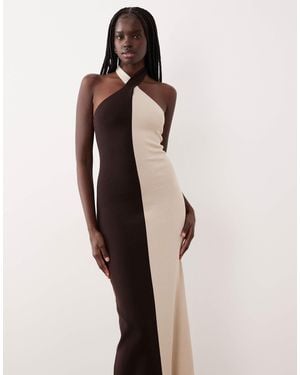 Pretty Lavish Knit Twist Halter Neck Color Block Maxi Dress - Natural
