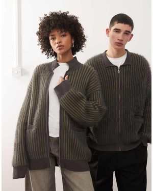 The Ragged Priest Unisex Fuzzy Ribbed Zip Through Cardigan - Black