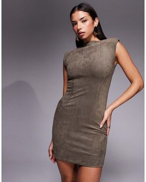Wanderdoll Faux Suede Padded Shoulder Fitted Bodycon Mini Dress Co-ord - Grey