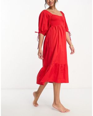 Accessorize Vestido Veraniego Playero Midi Con Mangas Abullonadas De Tejido Texturizado De - Rojo
