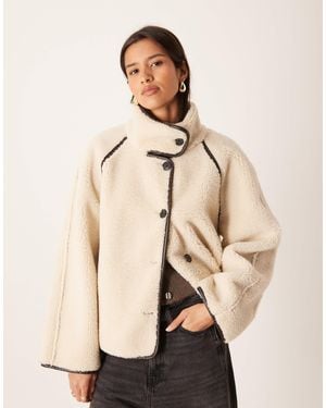Gina Tricot Oversized Reversible Borg Jacket With High Funnel Neck - Natural