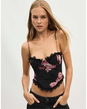 Stradivarius Fitted Floral Print Cropped Top - Black