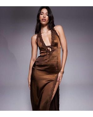 The Frolic Exclusive Satin Lace Trim Plunge Tie Detail Maxi Dress - Brown