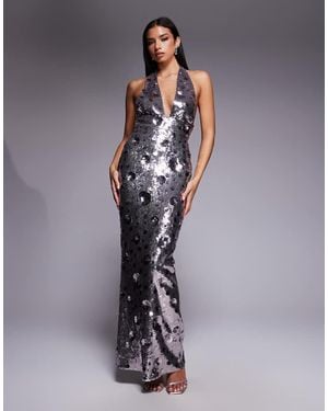 Oh Polly Flower Sequin Maxi Dress - Grey