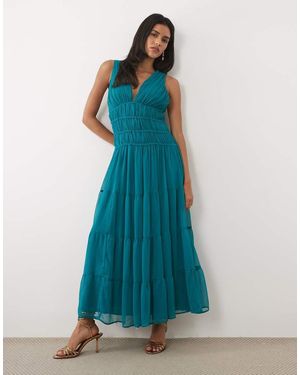 Abercrombie & Fitch V-neck Flowy Crinkle Chiffon Maxi Dress - Blue
