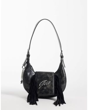 I.AM.GIA Tia Textured Faux Leather Chrome Logo Detail Fringe Front Adjustable Shoulder Bag - White