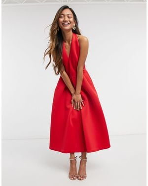 True Violet Exclusive Backless Plunge Prom Midi Dress - Red