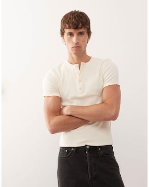 Collusion Ribbed Muscle Short Sleeve Henley T-shirt Top - Natural