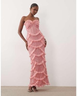 ASOS Gem Embellished Off Shoulder Maxi Dress With Scallop Hem - Pink