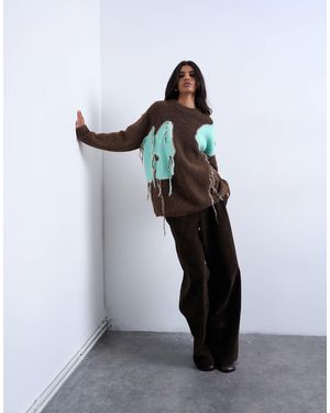 TOPSHOP Knit Placement Floral Tassel Sweater - Brown