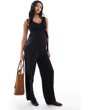Mama.licious Mamalicious Maternity V Neck Tie Waist Jersey Wide Leg Jumpsuit - Blue