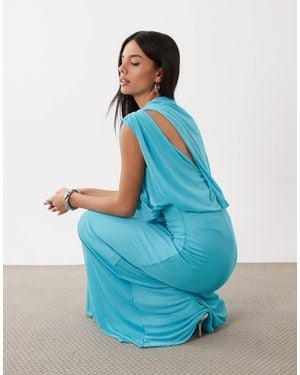 ASOS Mesh Asymmetric Cap Sleeve Blouson Bodice Maxi Dress - Blue