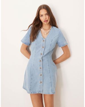ASOS Denim Mini Dress With Cinched Waist And Short Sleeve - Blue