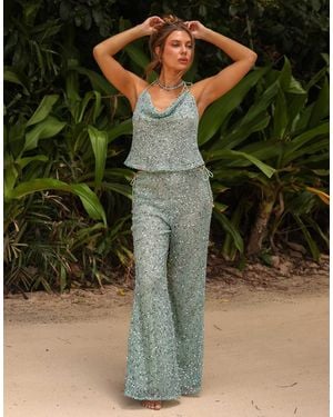 Kulani Kinis Sea Spritz Crochet Sequin Flare Trousers - Green