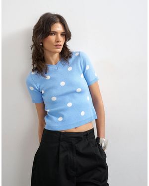 TOPSHOP Knitted Spot High V Neck Top - Blue