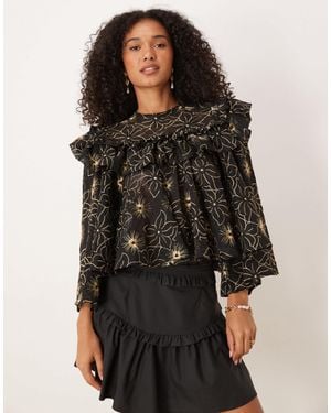 Sister Jane Dream Embroidered Frill Detail Blouse - Black