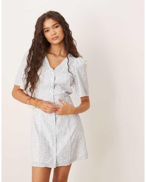 Glamorous Vestido De Tarde Azul De Manga Corta Con Estampado De Florecitas Y Botones De - Blanco