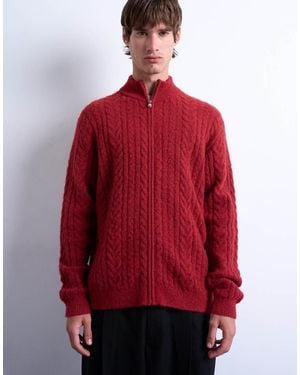 TOPMAN Cable Knitted Zip Through Funnel Neck Cardigan - Red