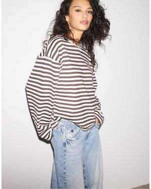 Stradivarius Oversize Striped Long Sleeve T-Shirt - Blue