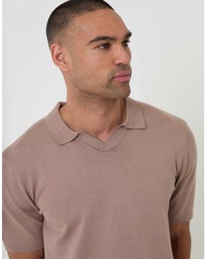 Threadbare Trophy Neck Short Sleeve Knit Polo Top - Brown