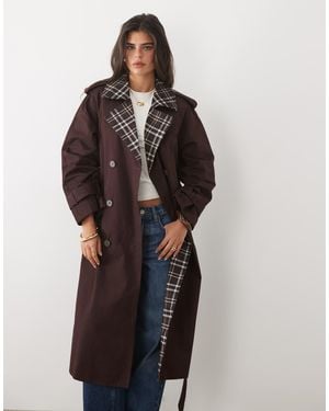Nobody's Child Cotton Belted Trench Coat Contrast Check Lining - Brown
