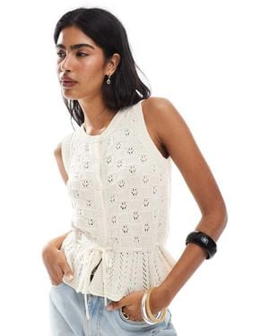 Miss Selfridge Crochet Tie Waist Sleeveless Peplum Cardigan - White