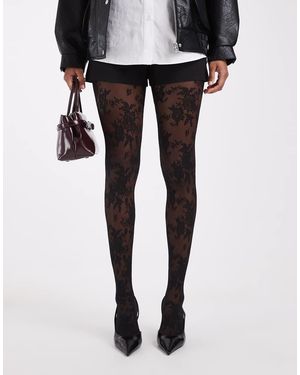 Lindex 40 Denier All Over Floral Lace Tights - Black
