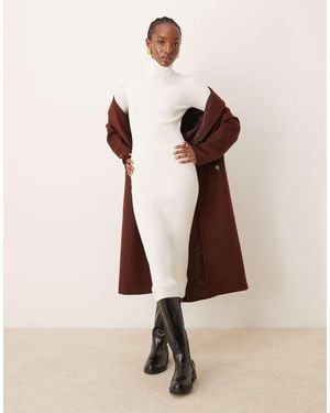 Vila Roll Neck Long Sleeve Ribbed Midi Dress - Natural