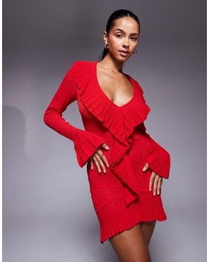Oh Polly Pointelle Ruffle Knit Mini Dress - Red