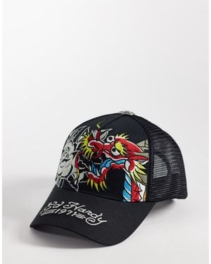 Ed Hardy 1971 Dragon And Roses 5 Panel Trucker Cap - Black
