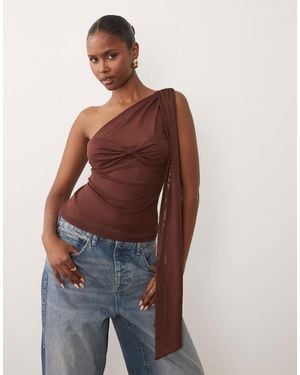 ASOS Mesh One Shoulder Sash Top With Bandeau Detail - Brown