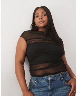 ASOS Asos Design Curve Gathered Short Sleeve Off Shoulder Mesh Top - Black