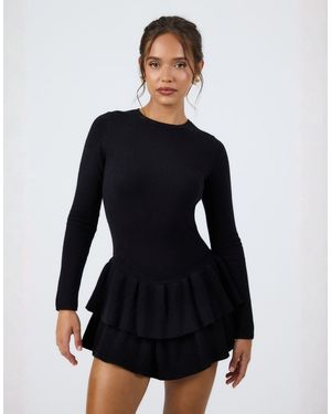 Aria Cove Knitted Long Sleeve Ruffle Skirt Mini Dress - Black