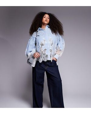 ASOS Curve Pearl Embellished Denim Shirt With Lace Details - Blue