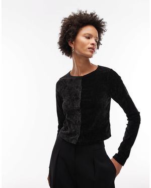 ASOS Textured Velvet Long Sleeve Button Through Top - Black