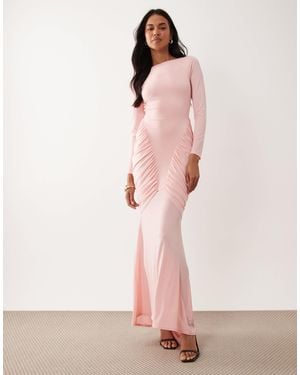 TFNC London Slinky Ruched Detail Long Sleeve Maxi Dress - Pink