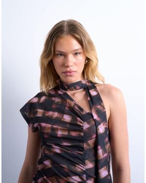 TOPSHOP Ruched Check Print Scarf Detail Asymmetric Hem Top - Brown