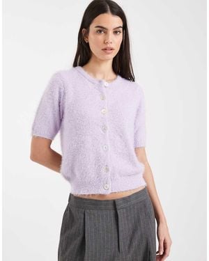 Threadbare Short Sleeve Crew Neck Fluffy Yarn Cardigan - Purple