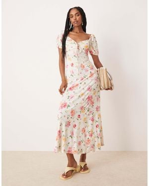 ASOS Scalloped Collar Puff Sleeve Seam Detail Midi Tea Dress - Natural