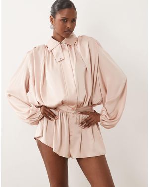 Noughts & Kisses Satin High Neck Extreme Drape Balloon Sleeve Playsuit - Natural