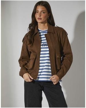 South Beach Faux Suede Bomber Jacket - Brown