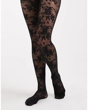 Lindex 40 Denier Floral Lace Tights - Black