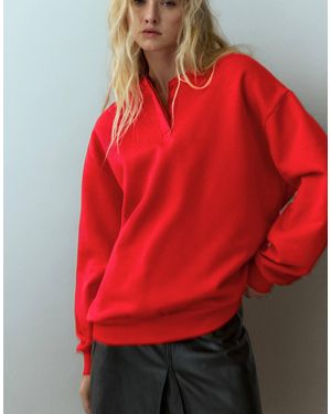 Pull&Bear Sweatshirt mit rundhalsausschnitt und knopfleiste - Rot