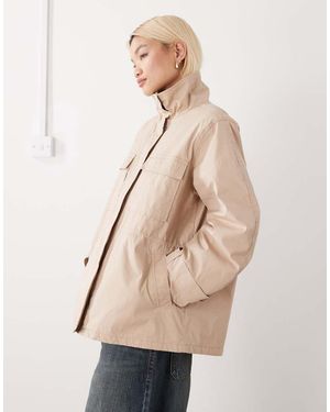 Monki Cinched Waist Parka Jacket With Detachable Fur Collar - Natural