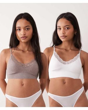 Cotton On Pack De 2 Bralettes Largas Sin Costuras De Encaje En Mocha Y Blanco-Multi - Marrón