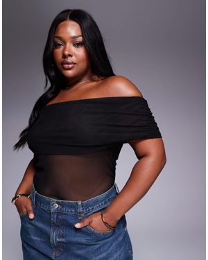 ASOS Asos design curve - top en tulle à épaules dénudées et détail rabattu froncé - Gris
