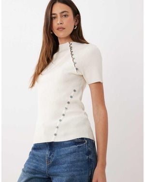 ASOS Top De Punto Acanalado Con Detalle De Botones Y Manga Corta En-Blanco