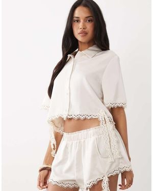 Noughts & Kisses Satin Lace Trim Cropped Shirt - Natural